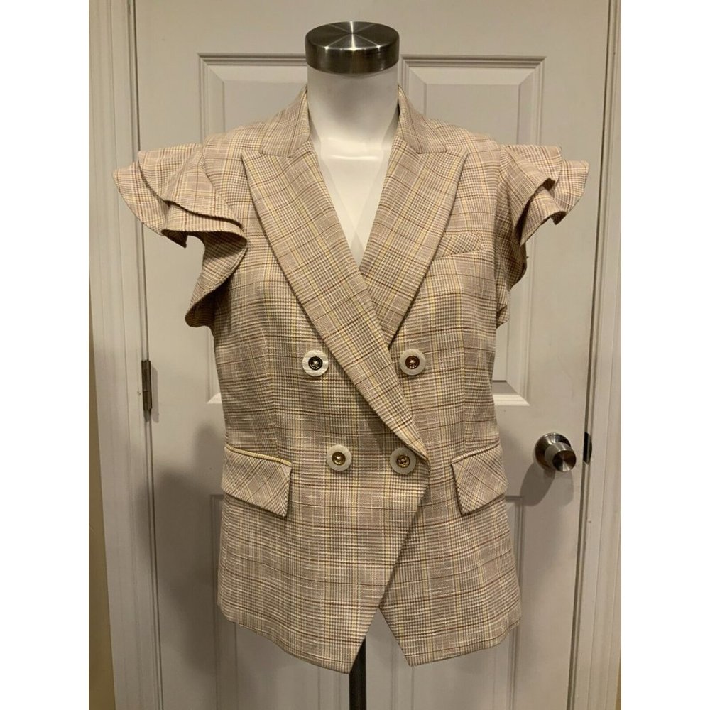 Veronica Beard Khaki Tan, White & Brown Houndstooth Janae Vest, Size 6 (US) NWT!
